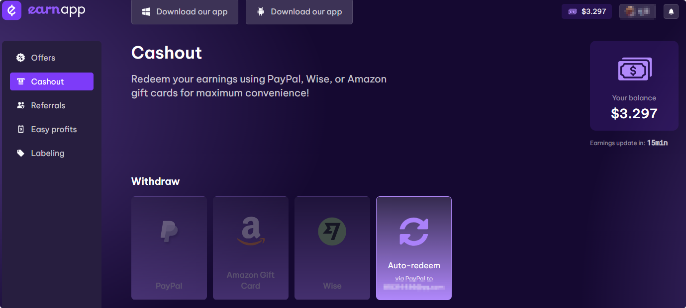 EarnApp提现界面